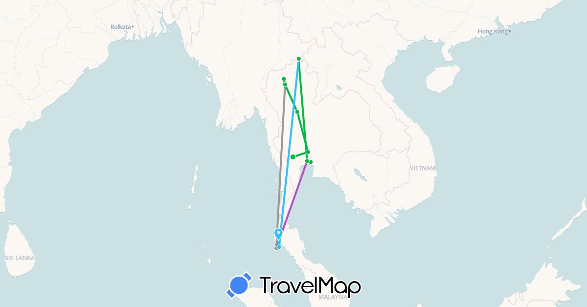 TravelMap itinerary: bus, plane, train, boat in Thailand (Asia)